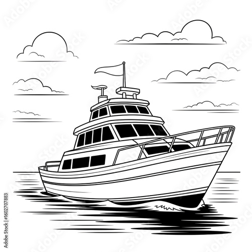 A black and white boat illustration vector style coloring page 