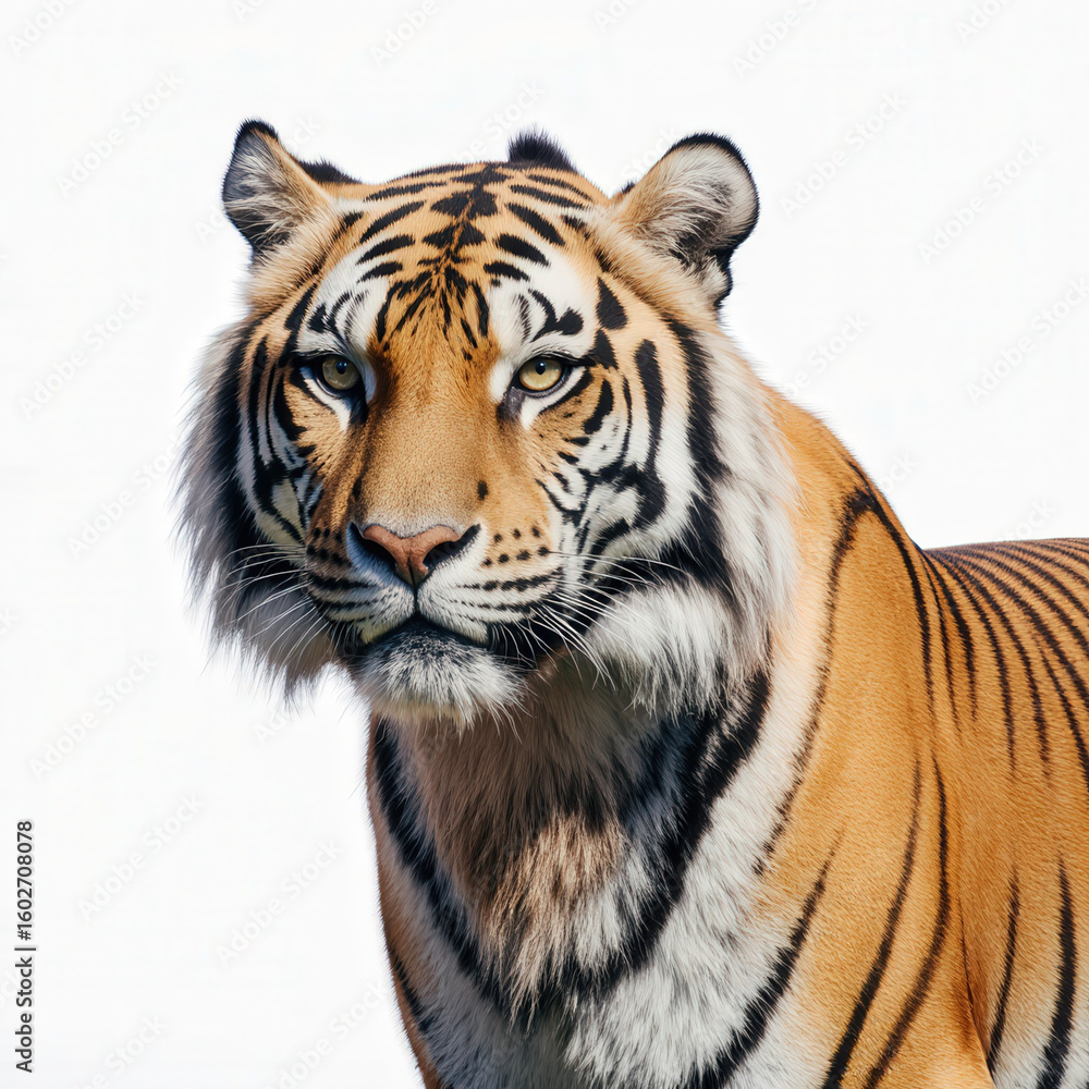 Obraz premium Majestic Bengal Tiger Portrait: A close-up shot of a Bengal tiger with a piercing gaze, showcasing the tiger's distinctive coat markings and regal presence.