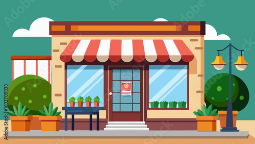 Vector art of a flat illustration depicts a welcoming storefront with potted plants a red and white awning and large display windows
