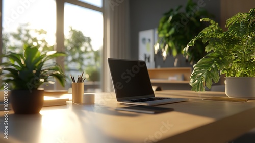 Wallpaper Mural Modern home office setup with laptop, plants and natural light for remote work and productivity silhouette Torontodigital.ca
