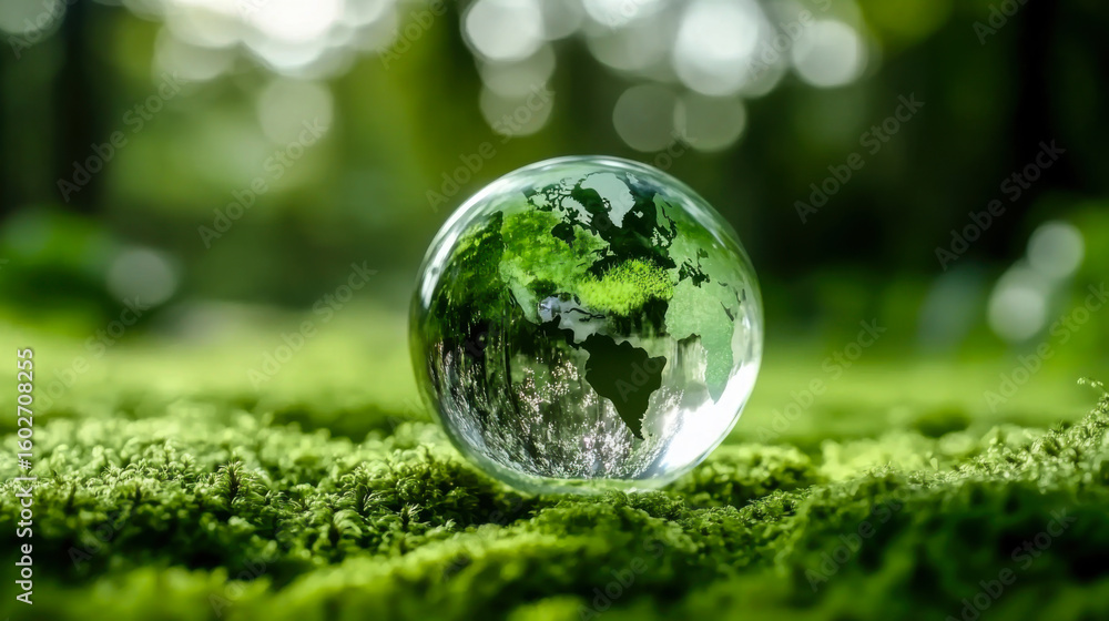 Crystal globe glass on green moss in forest to protect nature Save and care World for sustainable Crystal globe glass on green moss in forest to protect nature Save and care World for sustainable