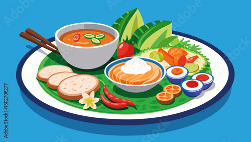 Vector art of an artistic arrangement of a food platter featuring a bowl of soup a creamy dip sliced bread chili peppers and fresh garnishes on a plate