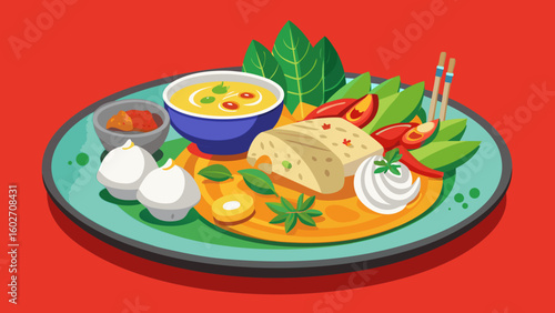 Vector art of a stylized illustration of an asian meal presented on a plate showcasing a bowl of soup chili peppers and creamy toppings with fresh herbs