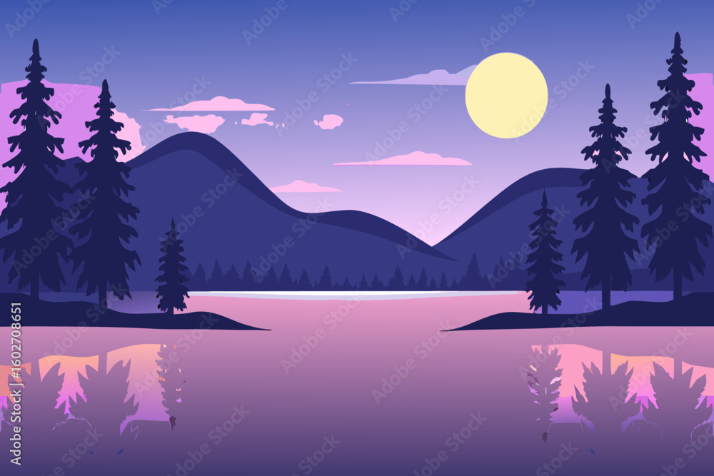 Fototapeta premium Serene Sunset Landscape with Mountain Lake Reflection