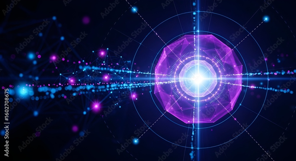 Fototapeta premium Abstract Octagon with Glowing Light Trails and Geometric Orbits | Futuristic Data Visualization for Technology Backgrounds, Science Presentations, and Tech Industry Marketing