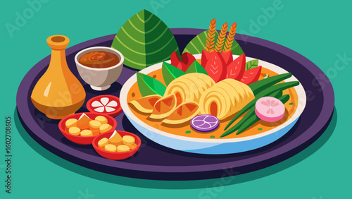 Vector art of a stylized depiction of a delectable meal arranged on a platter featuring a central dish of noodles small bowls of sauce and snacks and a decorative vase