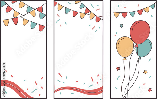 Illustration showing three vertical panels with party decorations including balloons and confetti design