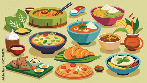 Vector art of a diverse spread of international foods including soups noodles pizza croissants and rice dishes is artfully arranged on a light brown surface