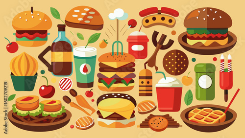 Vector art of a lively and diverse collection of popular fast food items including burgers hot dogs fries and drinks