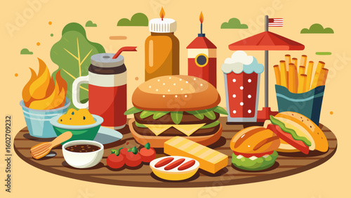 Vector art of an appetizing spread of american classic foods including burgers hot dogs french fries and refreshing beverages