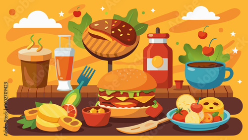 Vector art of a cheerful illustration of a picnic featuring a large burger drinks fruit salad and condiments set against a bright yellow background with clouds