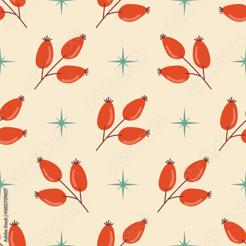 Red rosehip branch with berries and stars in neat polka dot order seamless pattern.