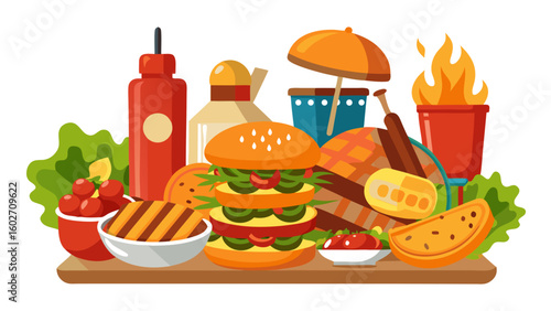 Vector art of a lively arrangement of barbecue and fast food favorites featuring stacked burgers grilled items sauces and refreshing drinks set against a backdrop