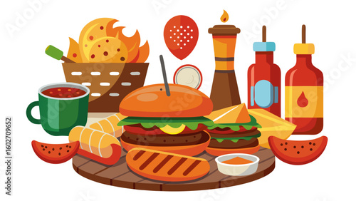 Vector art of a festive spread of popular fast food and grilled items including burgers hot dogs chips and drinks adorned with decorative flames and presented on a