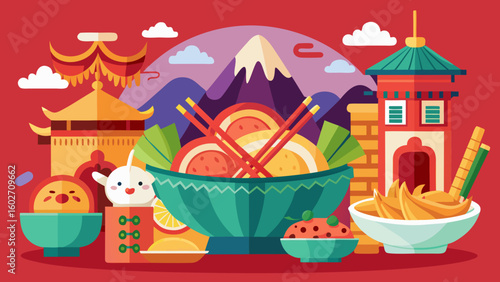 Vector art of a vibrant illustration of traditional asian cuisine showcasing steaming bowls of noodles and dumplings with chopsticks set against a backdrop of