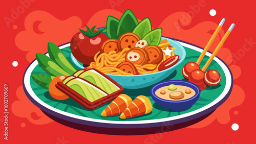 Vector art of a delicious and healthy asian meal featuring noodles meatballs fresh vegetables and a dipping sauce presented on a colorful plate with chopsticks
