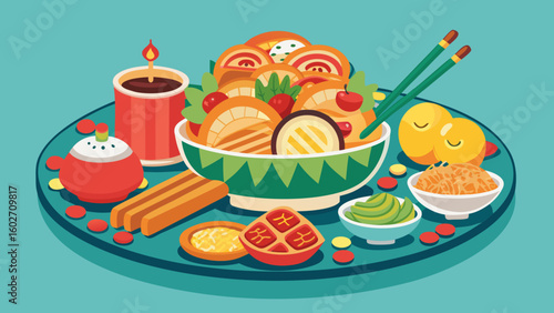 Vector art of a festive spread of asian delicacies including fruits savory bites and dipping sauces is elegantly presented on a teal platter against a red backdrop