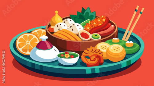 Vector art of an artistic arrangement of diverse asian foods featuring fruits savory items and dips is showcased on a teal serving tray with a red background