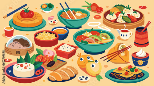 Vector art of an abundant and diverse collection of asian dishes including various bowls plates and snacks is artfully arranged on a light yellow background