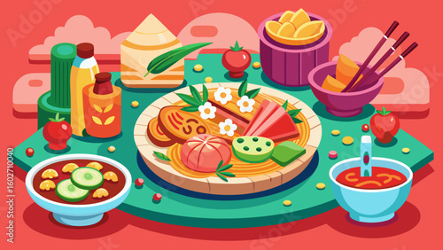 Vector art of a detailed illustration showcases a meticulously arranged asian meal with various components sauces and condiments on a stylized platter