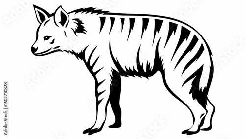 Illustration of a striped hyena standing in profile with black stripes and a white body design