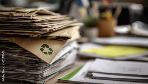A large stack of recycled paper documents sits on a desk.
