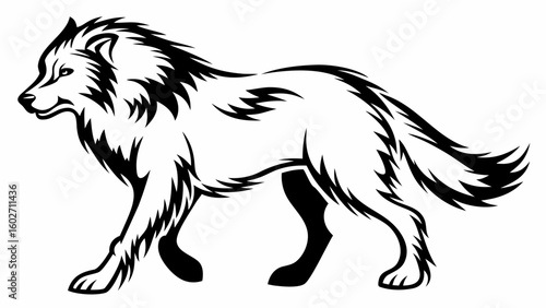 Illustration of a stylized black and white wolf walking with detailed fur and a bushy tail design art