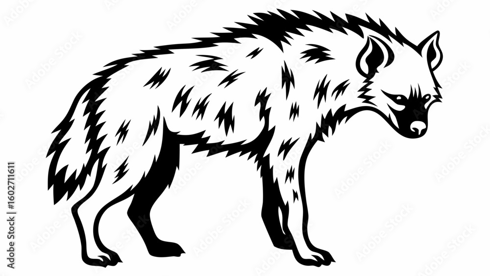 Fototapeta premium Illustration of a hyena standing with a distinctive sloping back and spotted fur in black and white style