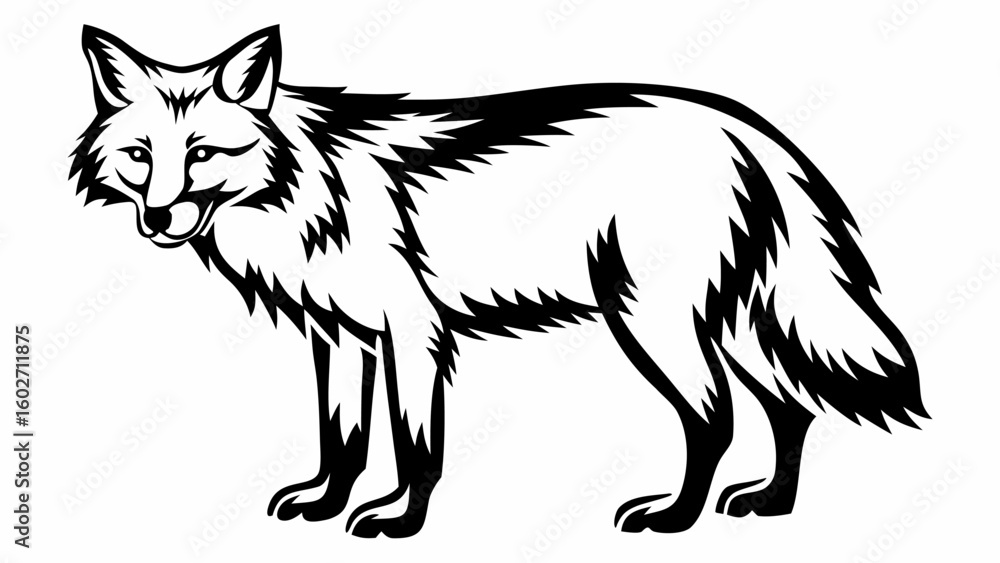 Fototapeta premium Stylized black and white illustration of a standing fox with detailed fur and a sly expression on its face