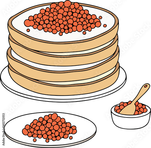  flat vector of pancakes with red caviar blini 