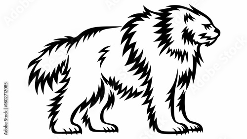 Stylized monochrome illustration of a furry quadrupedal creature with a long tail and thick fur coat