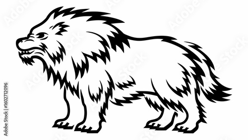 Illustration of a growling canine with a thick mane in black and white standing in profile view