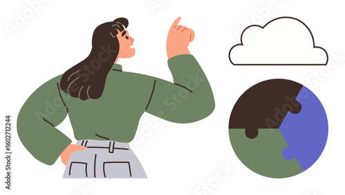 Woman gestures upward toward a cloud and a globe puzzle below. Ideal for global sustainability, innovation, education, teamwork, environmental awareness, problem-solving, creative thinking themes