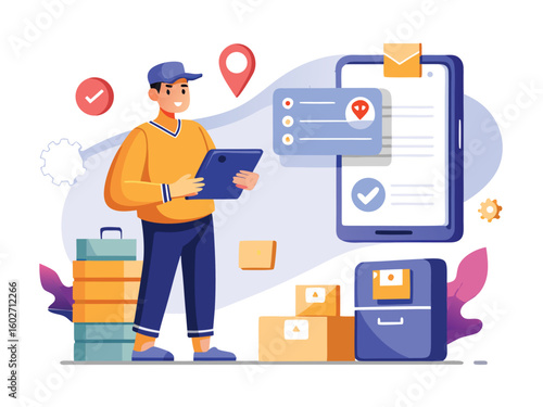 Man with tablet tracking parcels on phone app delivery man smartphone