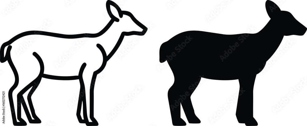 Obraz premium Deer Female Silhouette and Outline Icon for Wildlife, Forest, and Nature Design Projects