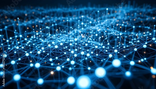 Wallpaper Mural Abstract network with blue glowing nodes and connecting lines creating a complex structure design Torontodigital.ca