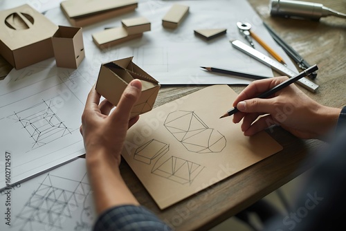 Designer sketching drawing design Brown craft cardboard paper product eco packaging mockup. Packaging design sketching product box dielines with cardboard model,  and layout ideas in studio workspace.