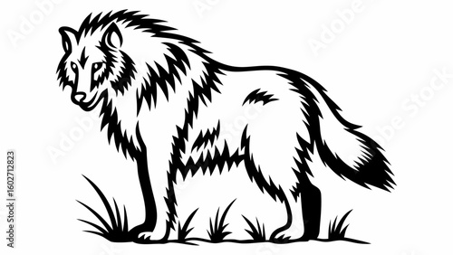 A stylized black and white illustration of a wolf standing in some grass with a bushy tail and mane