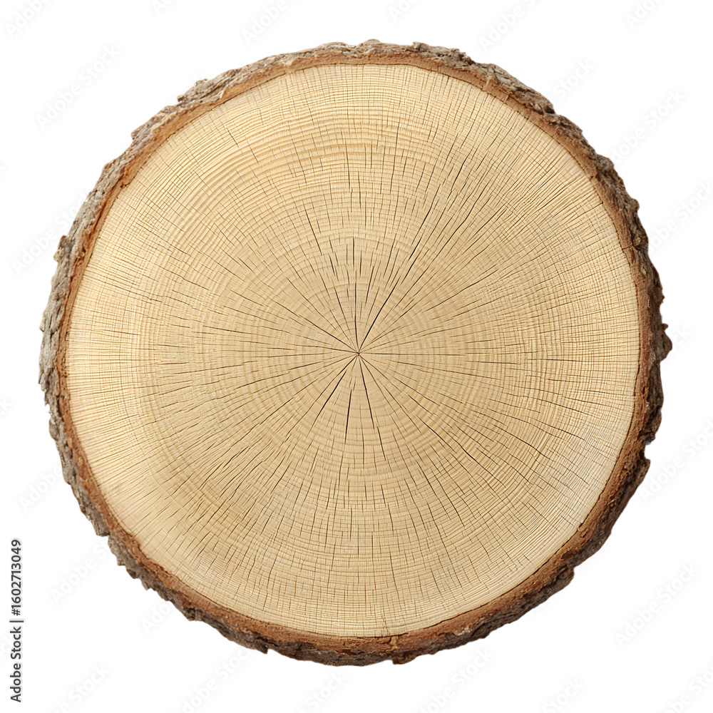 Fototapeta premium Natural wood slice with rough bark edges and circular grain pattern isolated on transparent background