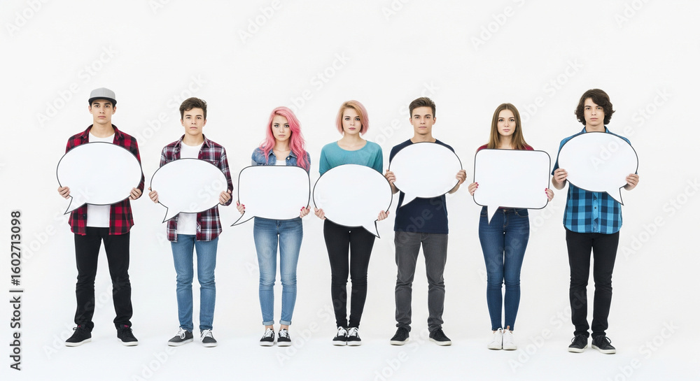 Fototapeta premium Teenagers holding empty speech bubbles on white background