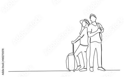 Continuous one line art of romantic couple going on vacation. Romantic trips.