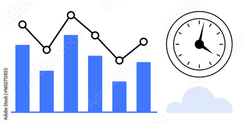 Bar chart and line graph beside analog clock and cloud. Ideal for analytics, time management, productivity, performance, planning, statistics, workflow. Represents tracking and simple flat metaphor