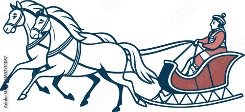 Russian sleigh troika icon flat style side view.