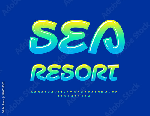 Vector Travel emblem Sea Resort. Bright Stylish Font. Modern handwritten Alphabet Letters and Numbers
