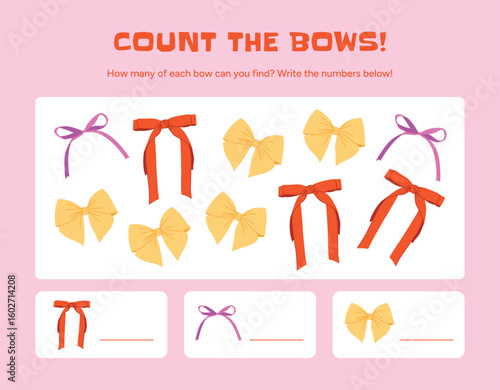 Bow counting game for kids with red ribbon bows, pink string bows and yellow gift bows. Educational worksheet to count each type and write numbers. Flat vector illustration for children activity