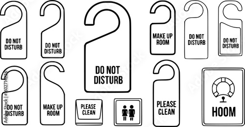 Hotel door hanger tags outline template icon signs set flat style design vector illustration. Empty door flyer or do not disturb mockup isolated on white background. do not disturb. EPS 10