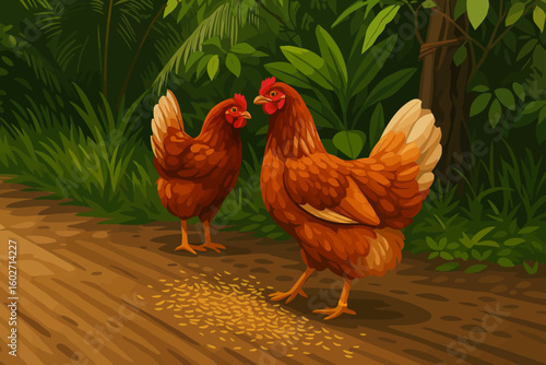The illustration features two brown hens standing on a dirt path near a lush, green jungle or forest. The hens are facing each other, and a small pile of yellow grains is scattered on the ground in fr