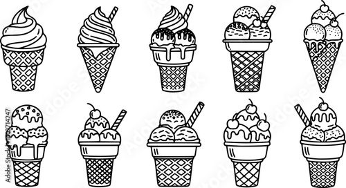 Ice cream vector icon set. Waffle cone illustration sign collection. Ice lolly symbol. Frozen juice logo.
