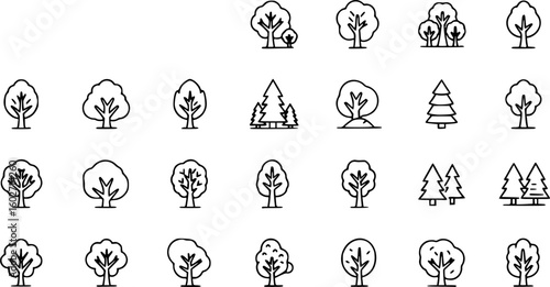 Tree and Forest Line Icon Bundle. Modern Collection for Design, Web Sites, Apps, Cards. Contains Linear Images of Deciduous and Coniferous Trees. Editable stroke. Vector illustration. EPS 10
