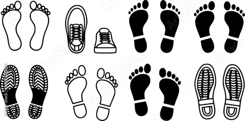 Set of human footprints icon. Foot imprint, footsteps icon collection. Human footprints silhouette. Barefoot, sneaker and shoes footstep icons. Vector Illustration.